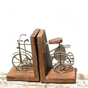 Vintage Wood and Brass Bicycle Bookends – Rustic Mid Century Style
